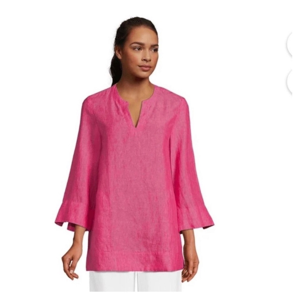Lands End Pink Linen V Neck Tunic Top Womens XL Bell Sleeve Resort